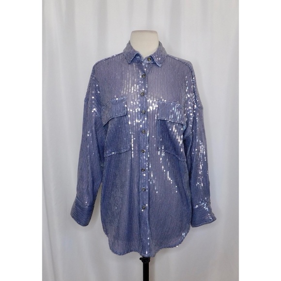 Anthropologie PILCRO Long-Sleeve Oversized Sequin Buttondown Blue Button Up XS - Picture 3 of 16